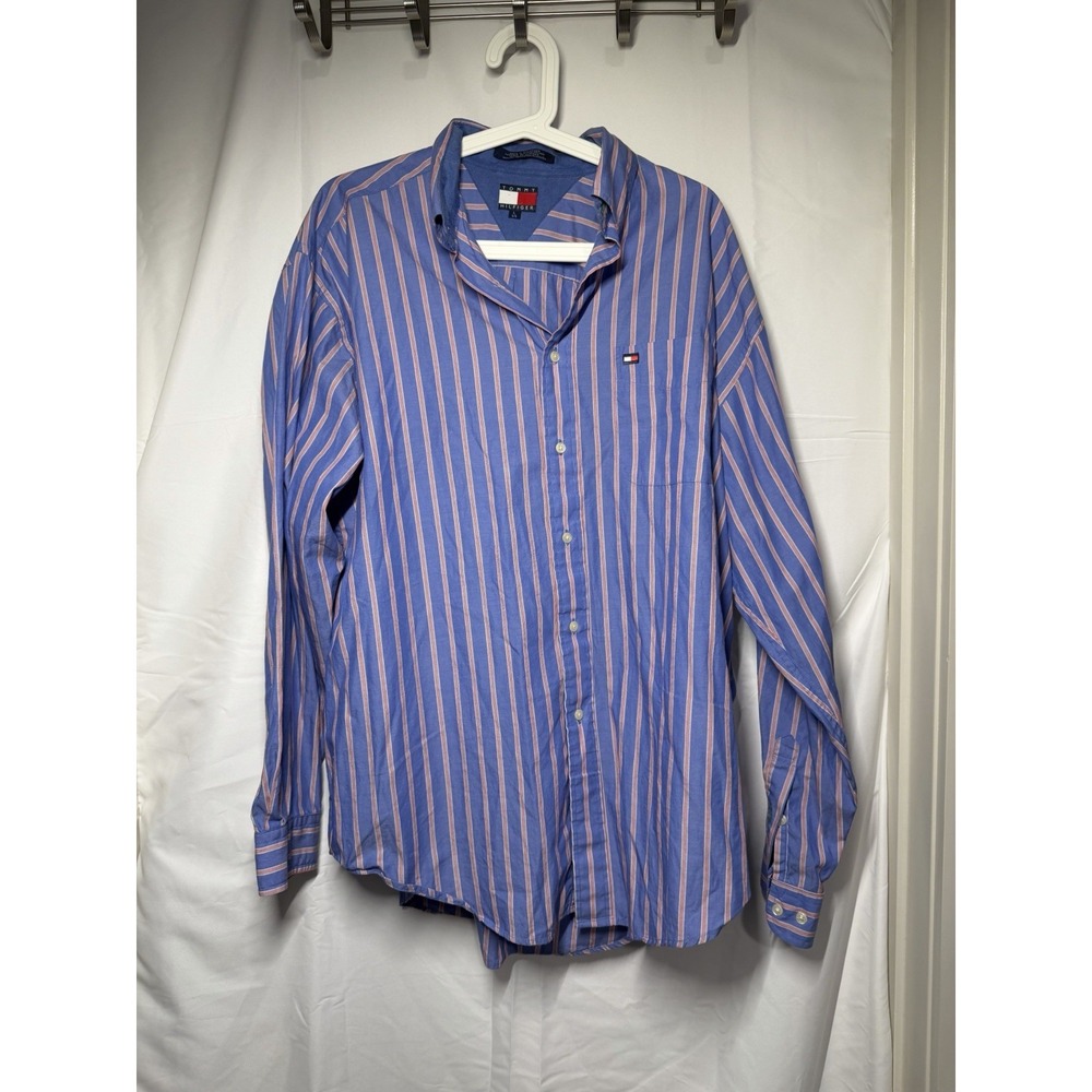 Vintage Tommy Hilfiger Men’s Large Button Up Shirt Blue Red Stripe Flag Logo 90s